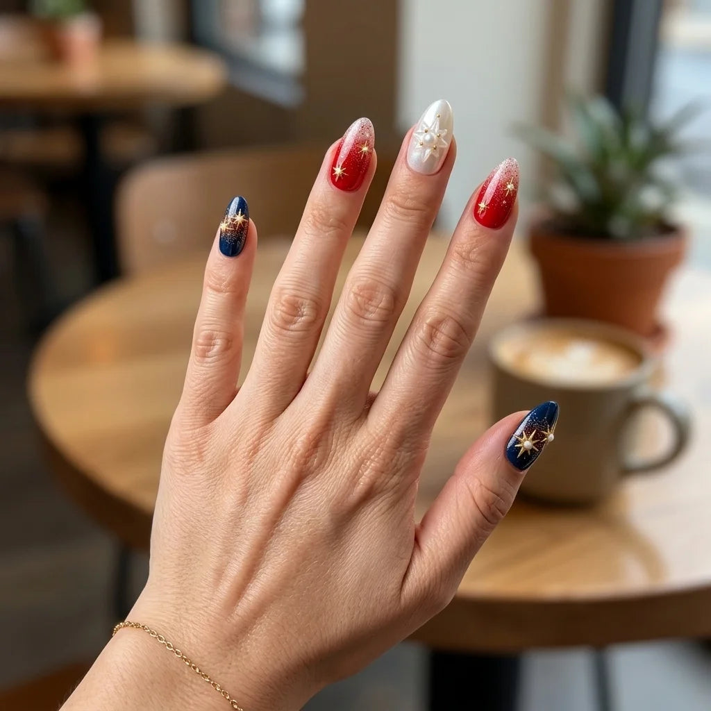 red navy white 3d ombre 4th of july almond press on nails star pearl detail 04