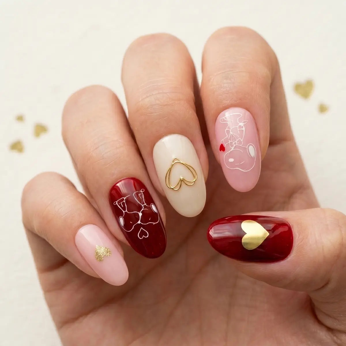 red pink nude 3d oval short press on nails gold heart puppy lifestyle 02