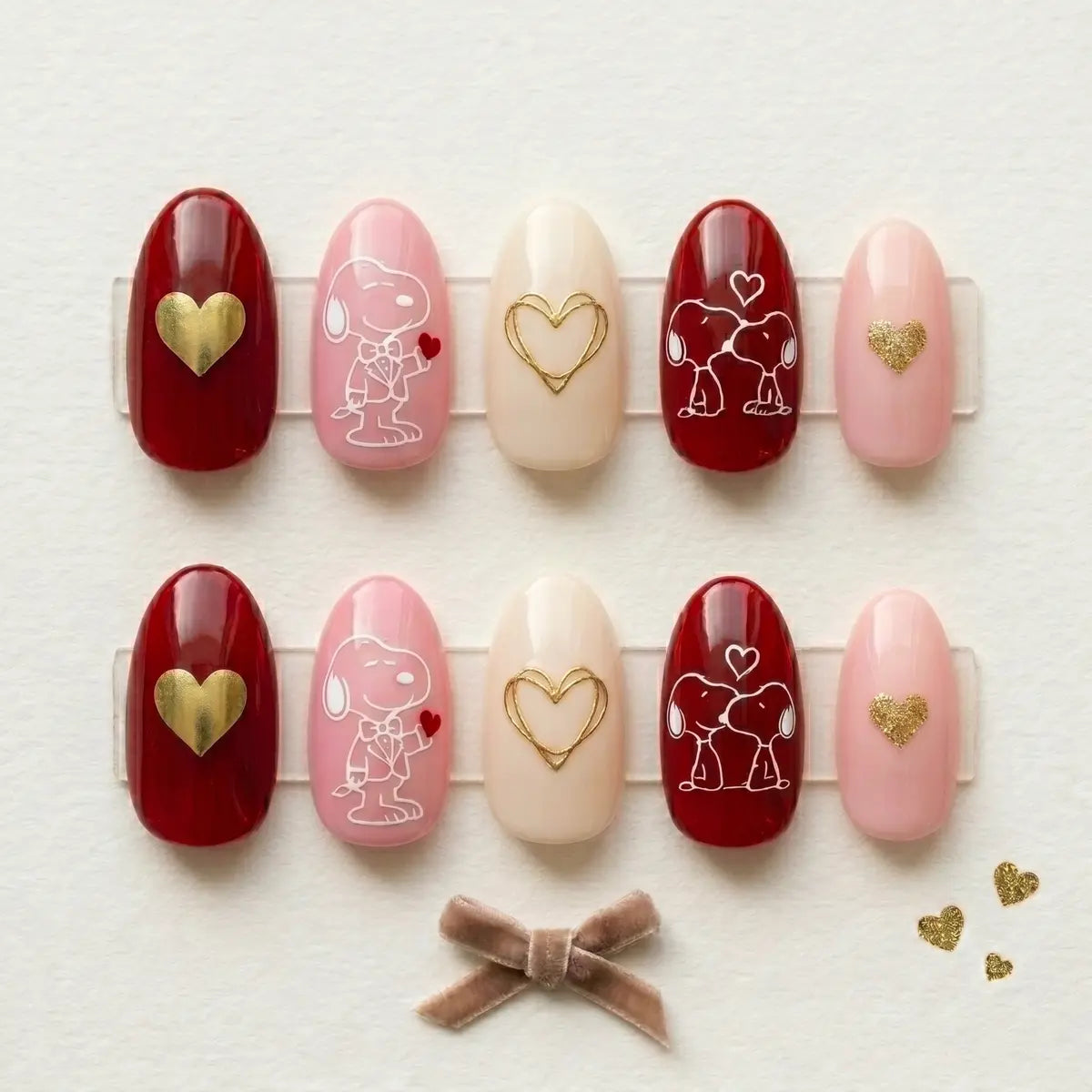 red pink nude 3d oval short press on nails gold heart puppy mockup 01
