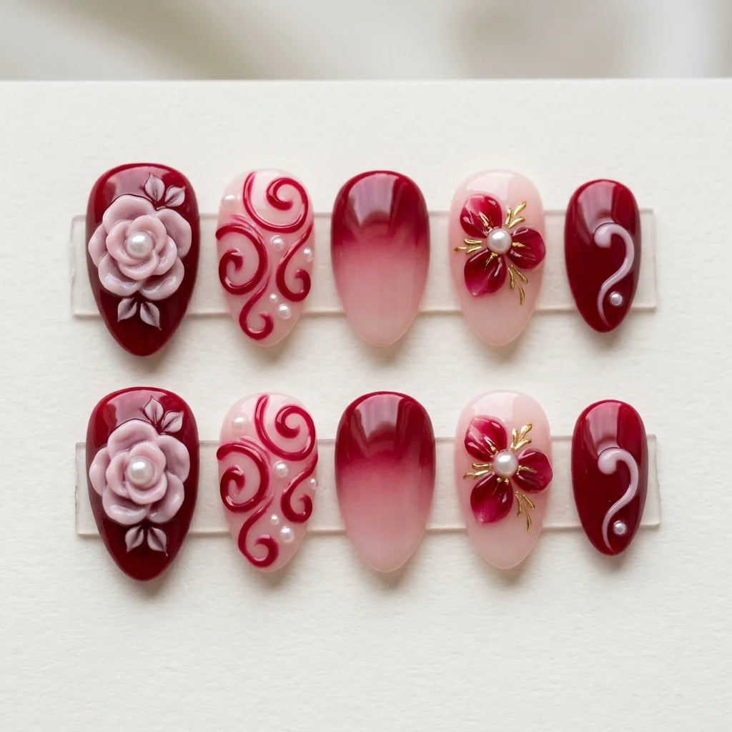 red pink white 3d ombre almond press on nails peony bloom swirl pearl detail 04