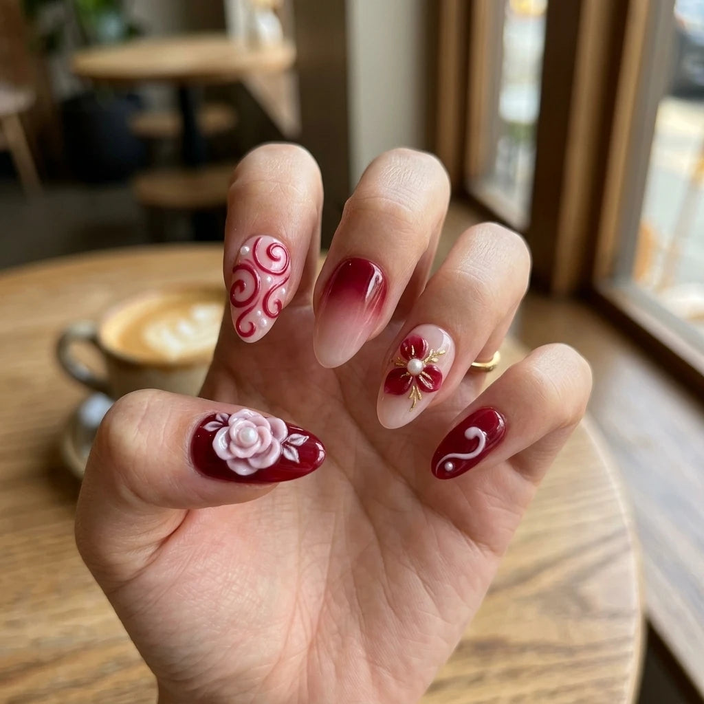 red pink white 3d ombre almond press on nails peony bloom swirl pearl lifestyle 03