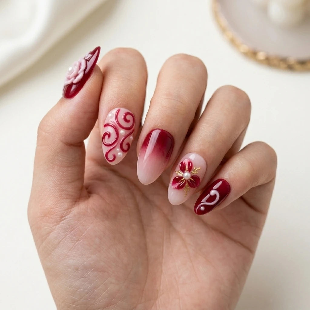 red pink white 3d ombre almond press on nails peony bloom swirl pearl mockup 01