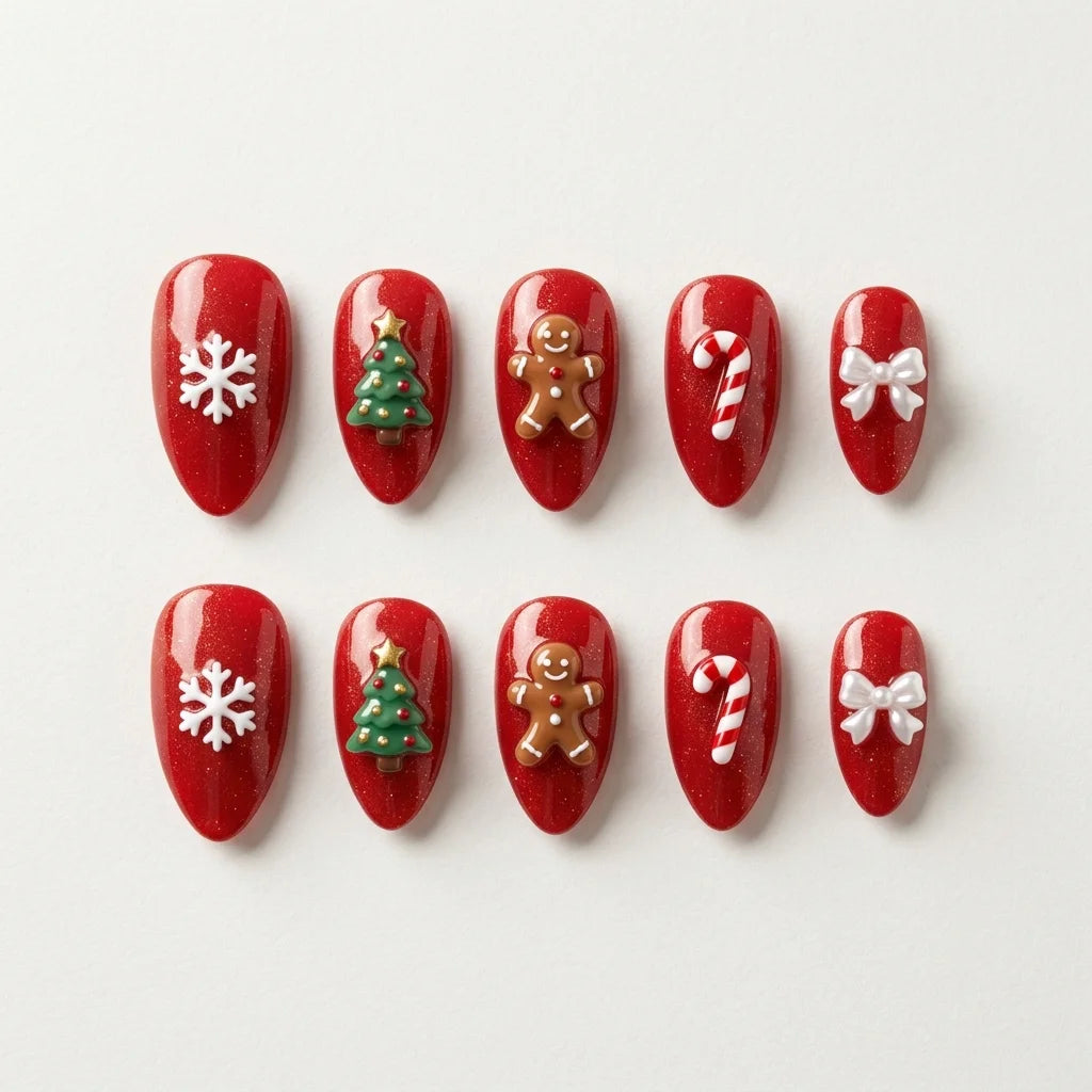 red white 3d almond press on nails snowflake christmas tree gingerbread man flat lay 01