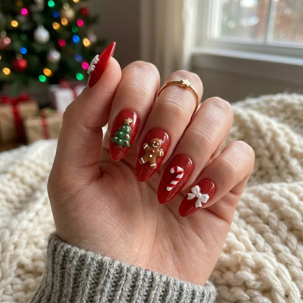 red white 3d almond press on nails snowflake christmas tree gingerbread man lifestyle 01
