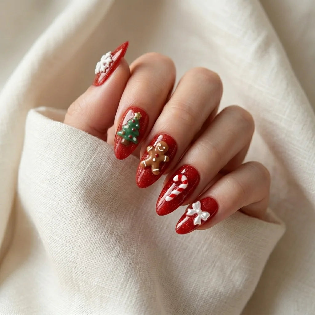 red white 3d almond press on nails snowflake christmas tree gingerbread man lifestyle 02
