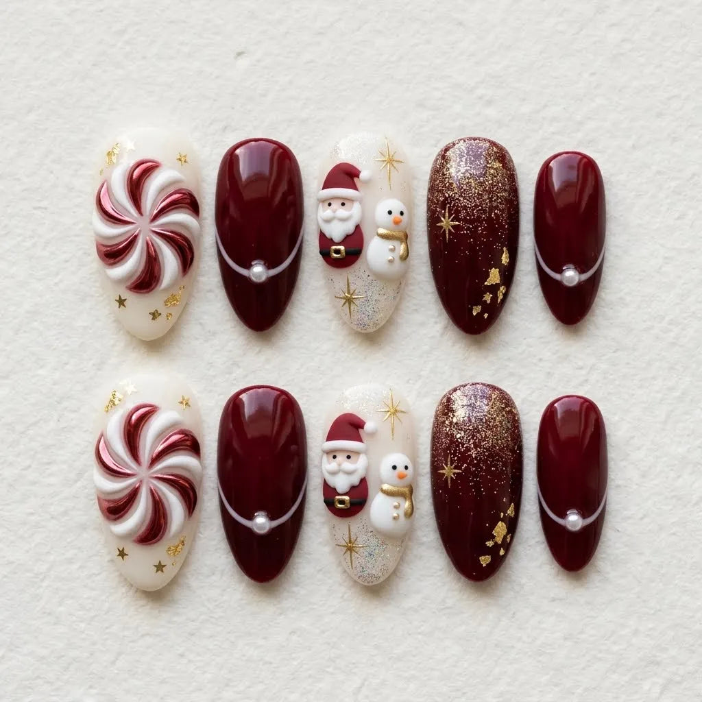 red white 3d christmas almond press on nails snowman peppermint swirl glitter detail 01