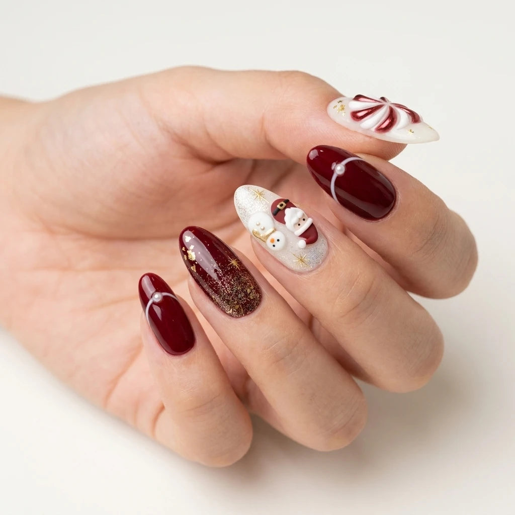 red white 3d christmas almond press on nails snowman peppermint swirl glitter lifestyle 01