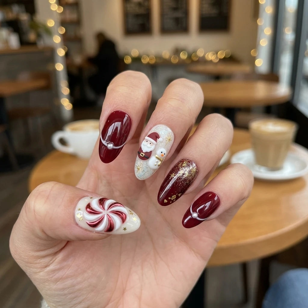 red white 3d christmas almond press on nails snowman peppermint swirl glitter mockup 01