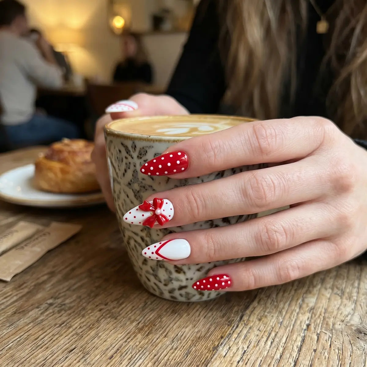 red white 3d french tip almond press on nails polka dot bow detail 03