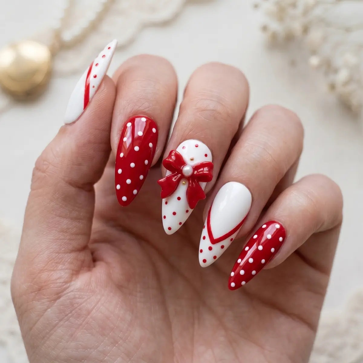 red white 3d french tip almond press on nails polka dot bow lifestyle 02