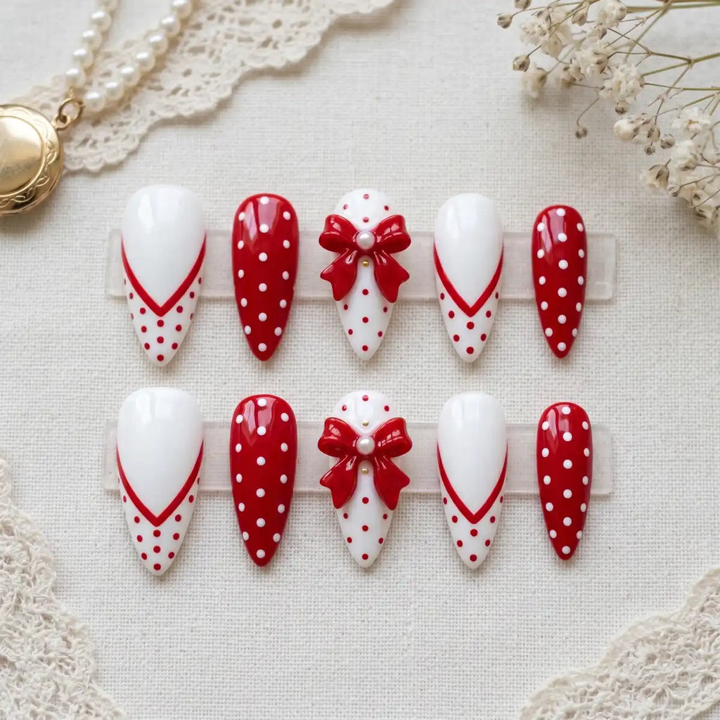red white 3d french tip almond press on nails polka dot bow mockup 01
