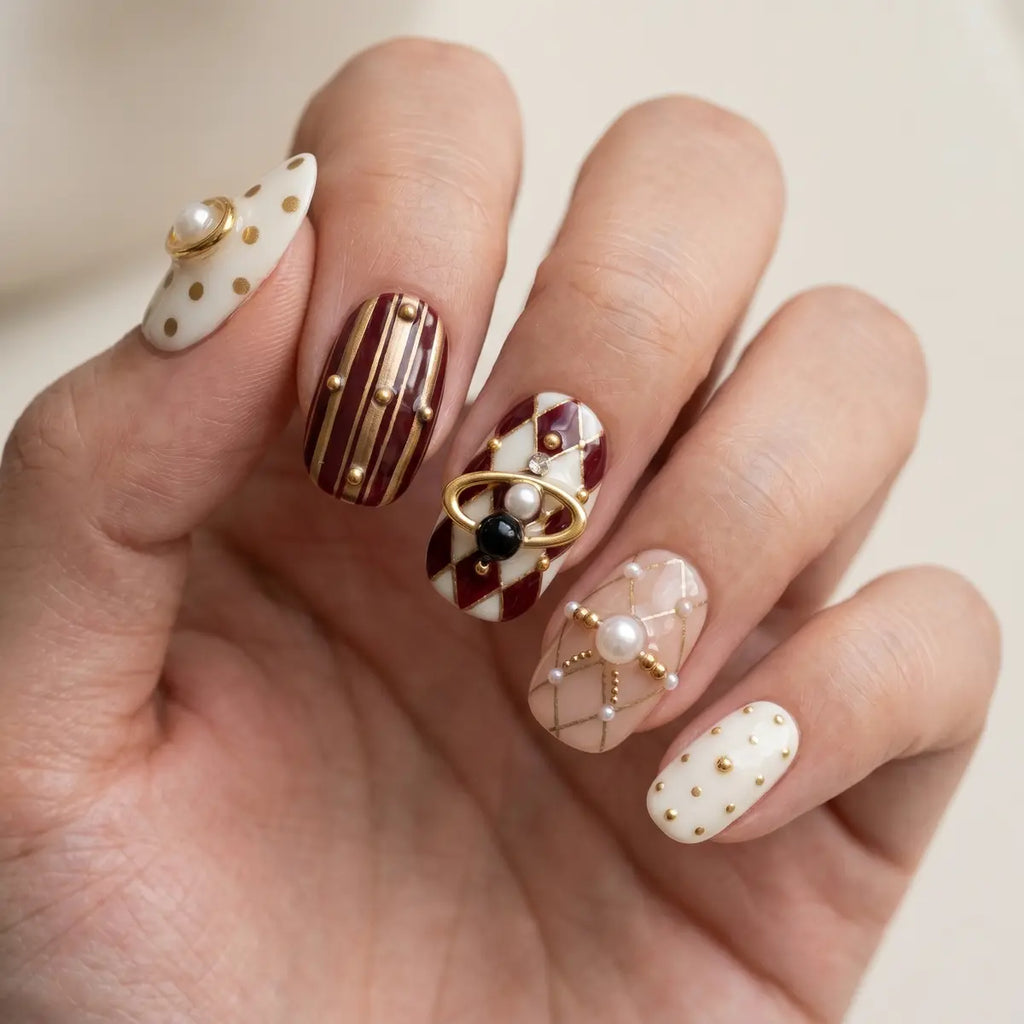 red white 3d oval short press on nails plaid stripe polka dot pearl lifestyle 02