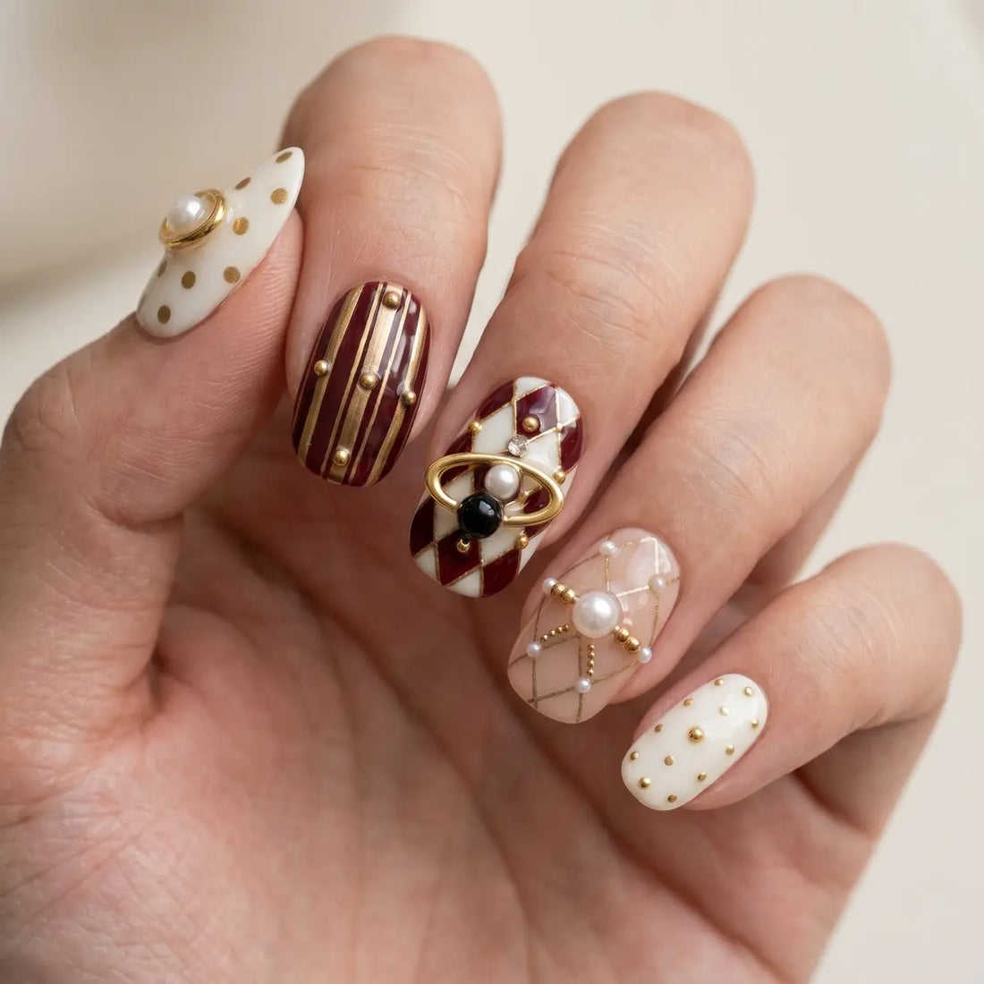red white 3d oval short press on nails plaid stripe polka dot pearl lifestyle 02