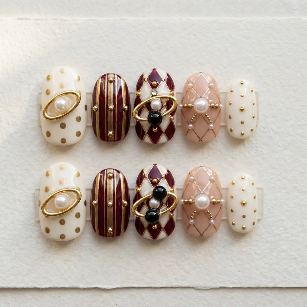 red white 3d oval short press on nails plaid stripe polka dot pearl mockup 01