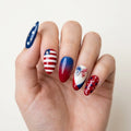 red white blue 3d 4th of july almond press on nails glitter ribbon bow polka dot flat lay 03