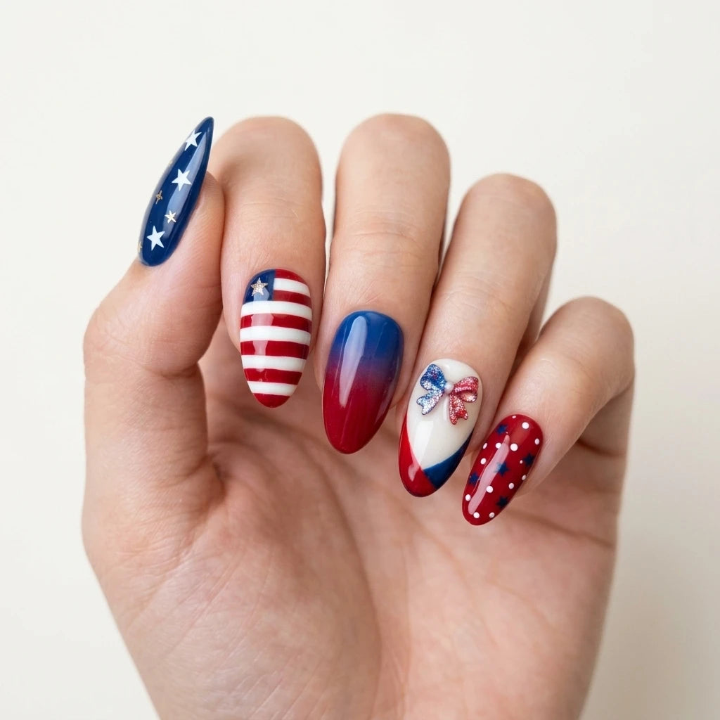 red white blue 3d 4th of july almond press on nails glitter ribbon bow polka dot flat lay 03