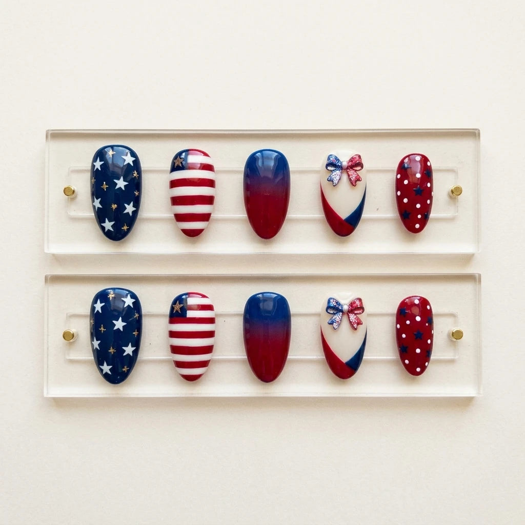 red white blue 3d 4th of july almond press on nails glitter ribbon bow polka dot lifestyle 02