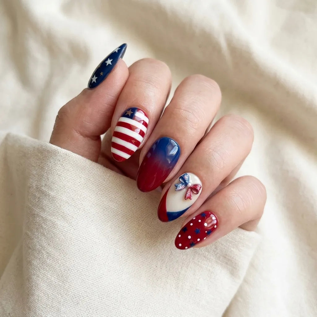 red white blue 3d 4th of july almond press on nails glitter ribbon bow polka dot mockup 01