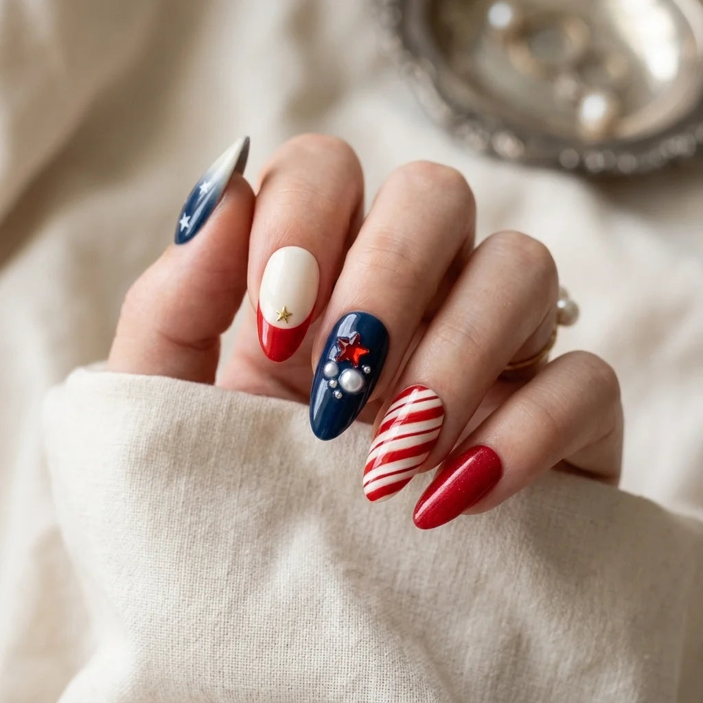 red white blue 3d 4th of july almond press on nails pearl cluster red star flat lay 03