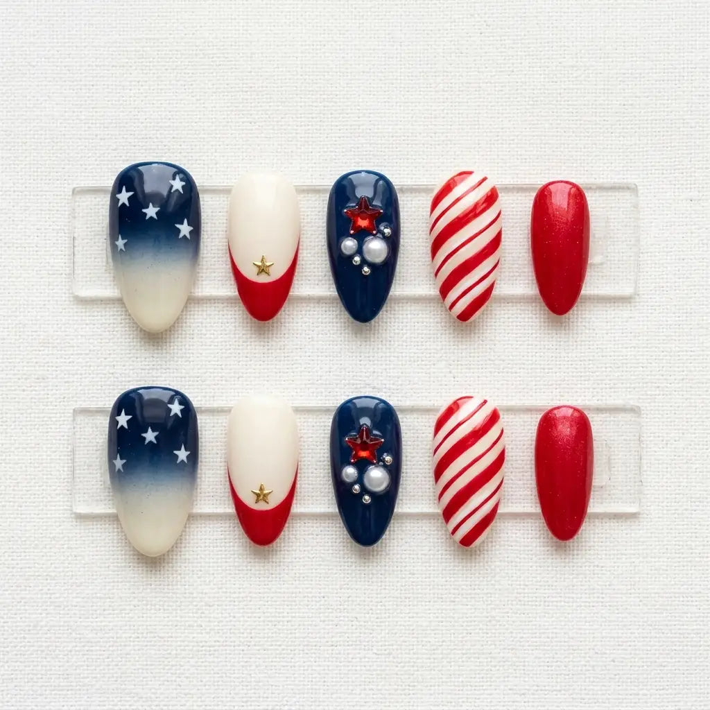 red white blue 3d 4th of july almond press on nails pearl cluster red star mockup 01