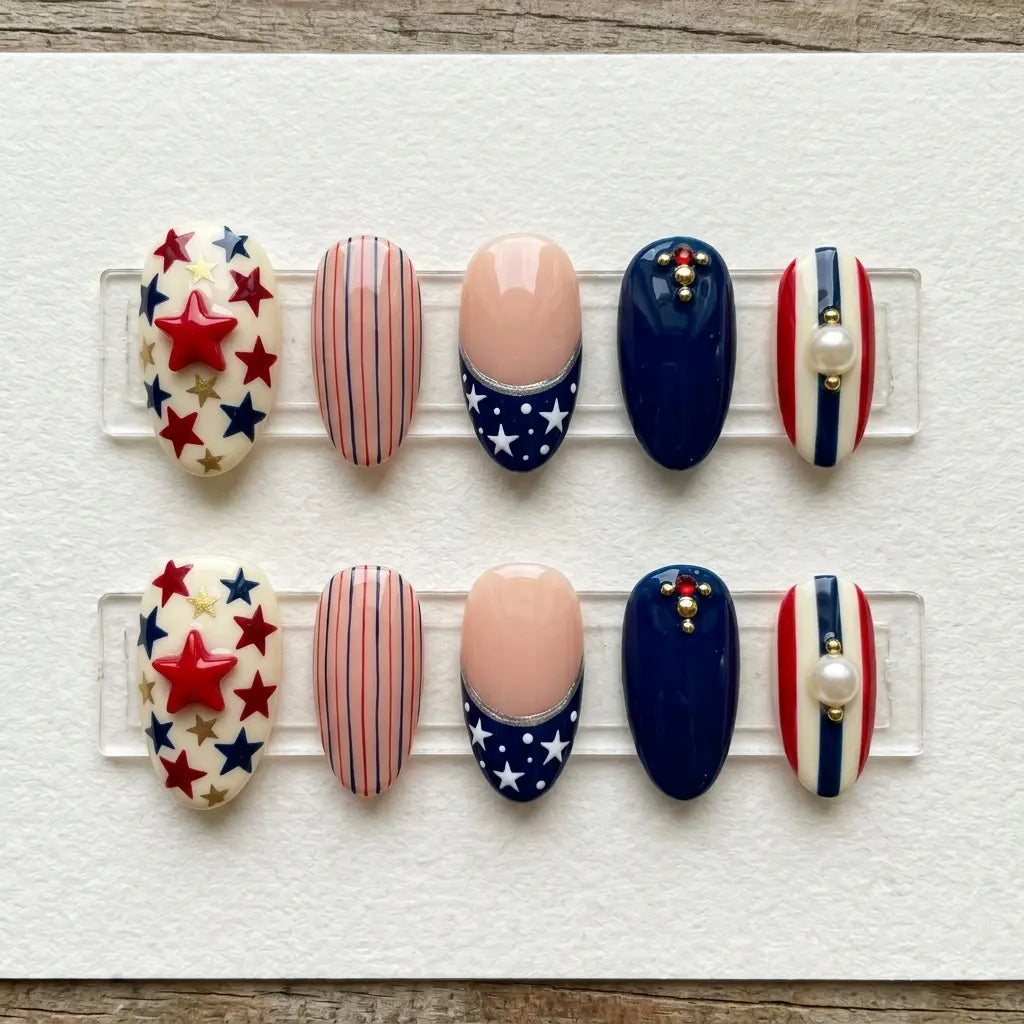 red white blue 3d 4th of july almond press on nails red star gold pearl stripe flat lay 04