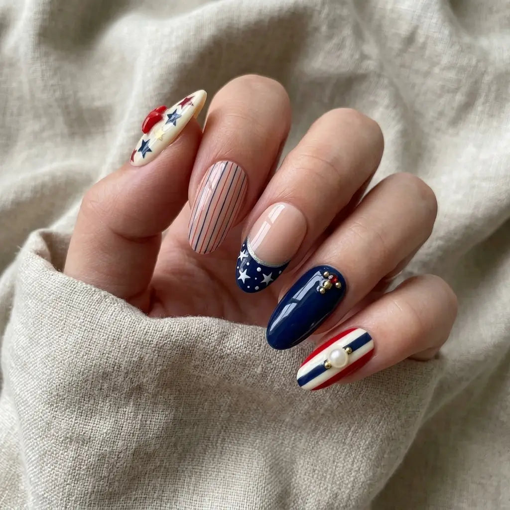 red white blue 3d 4th of july almond press on nails red star gold pearl stripe lifestyle 02