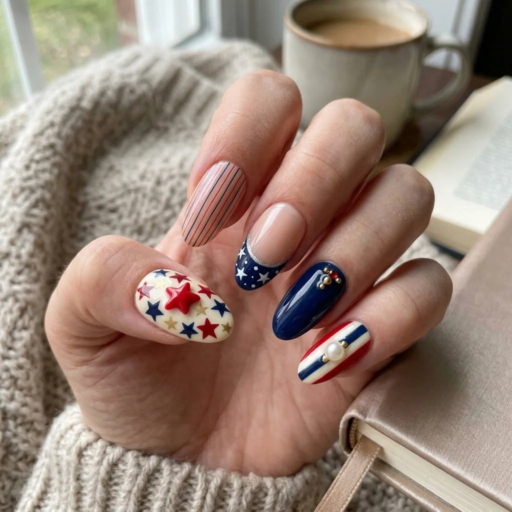 red white blue 3d 4th of july almond press on nails red star gold pearl stripe lifestyle 03