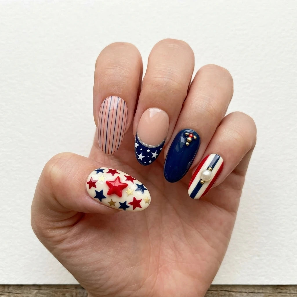 red white blue 3d 4th of july almond press on nails red star gold pearl stripe mockup 01