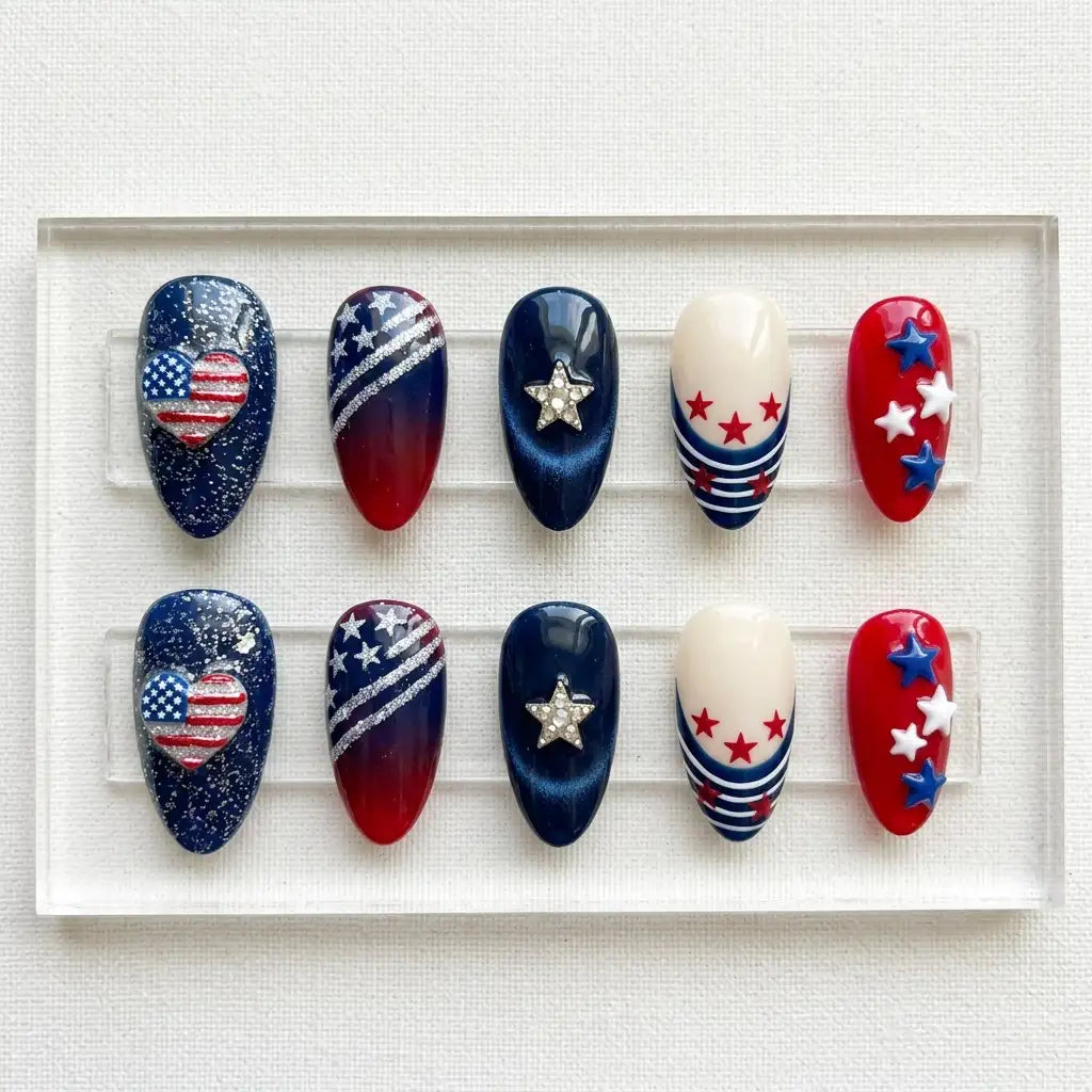 red white blue 3d cat eye 4th of july almond press on nails star glitter stripe lifestyle 02