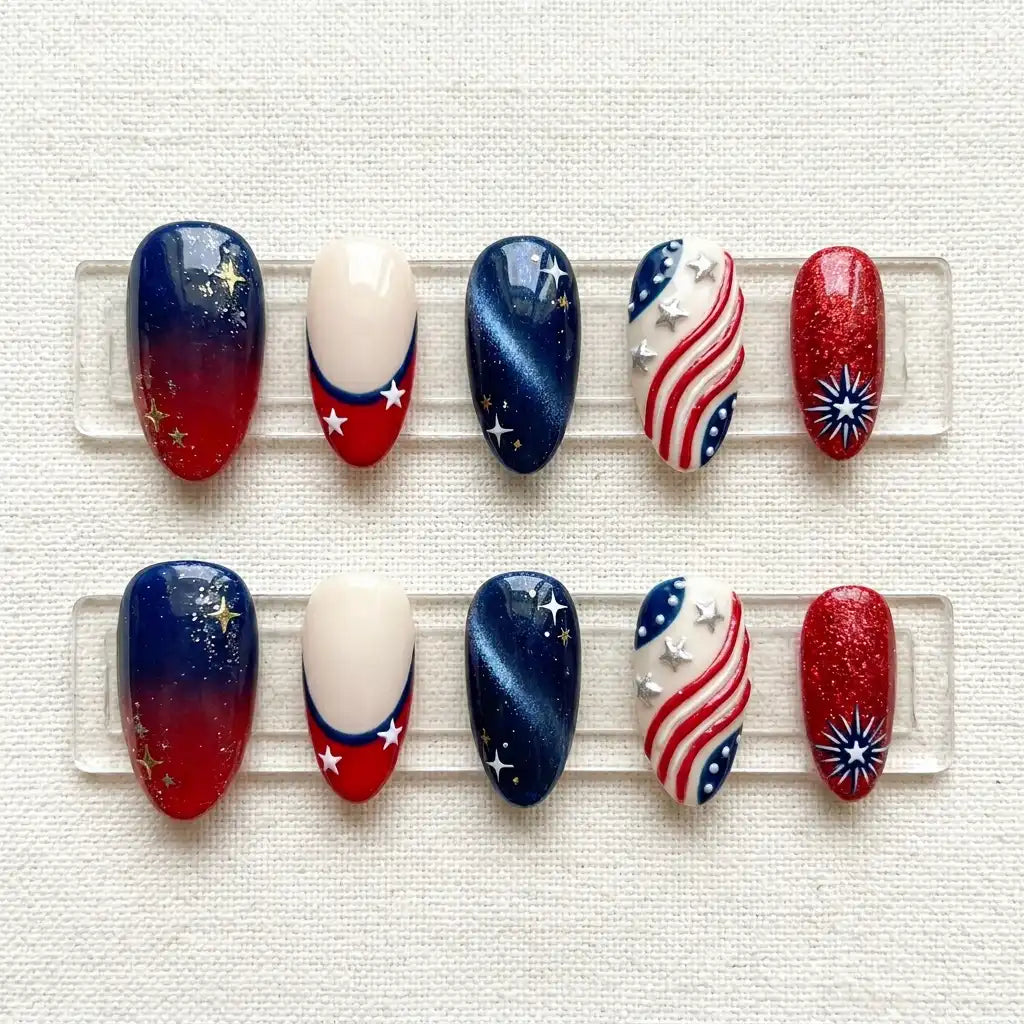 red white blue 3d cat eye 4th of july almond press on nails starburst stripe flat lay 03