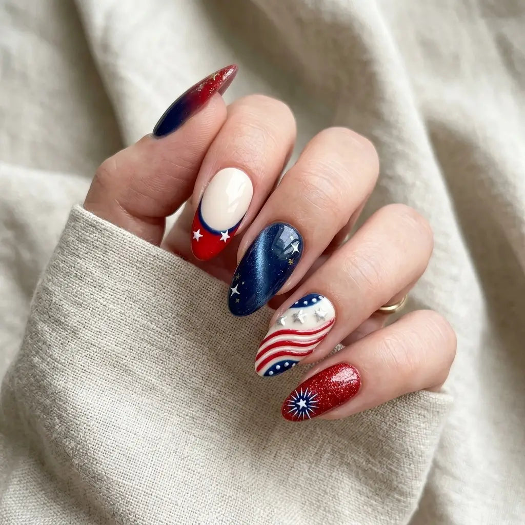 red white blue 3d cat eye 4th of july almond press on nails starburst stripe mockup 01
