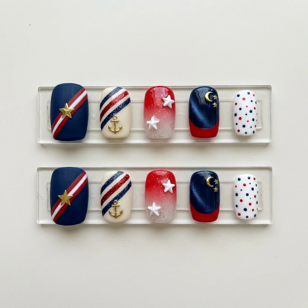 red white blue 3d cat eye 4th of july square short press on nails gold anchor moon flat lay 04