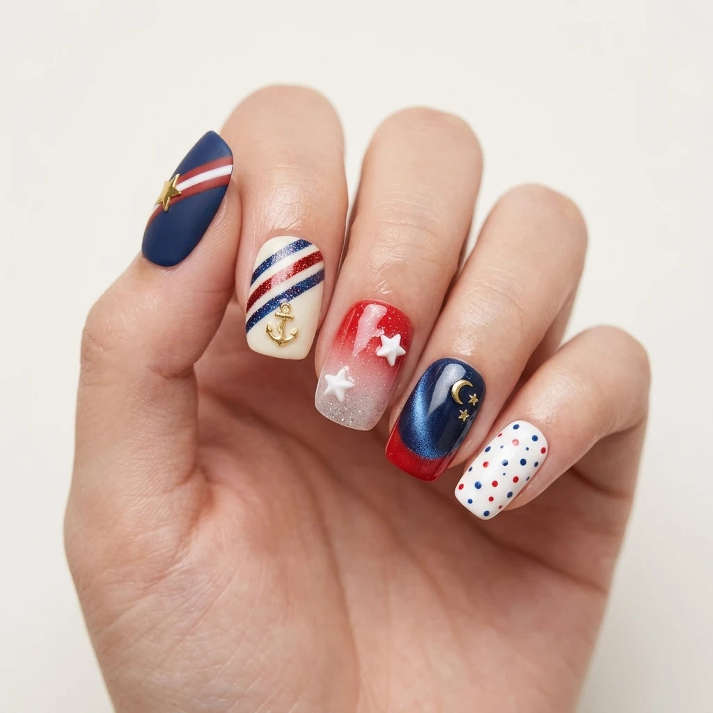 red white blue 3d cat eye 4th of july square short press on nails gold anchor moon lifestyle 02