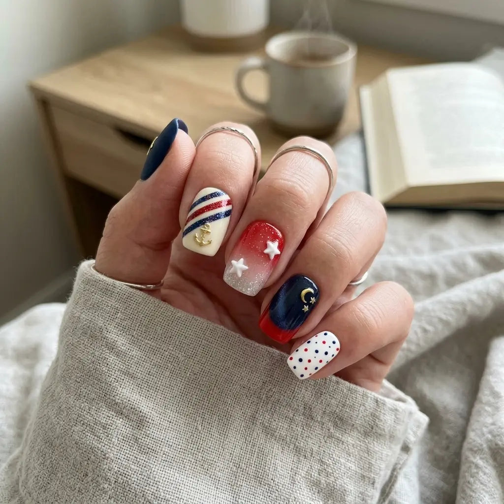 red white blue 3d cat eye 4th of july square short press on nails gold anchor moon lifestyle 03
