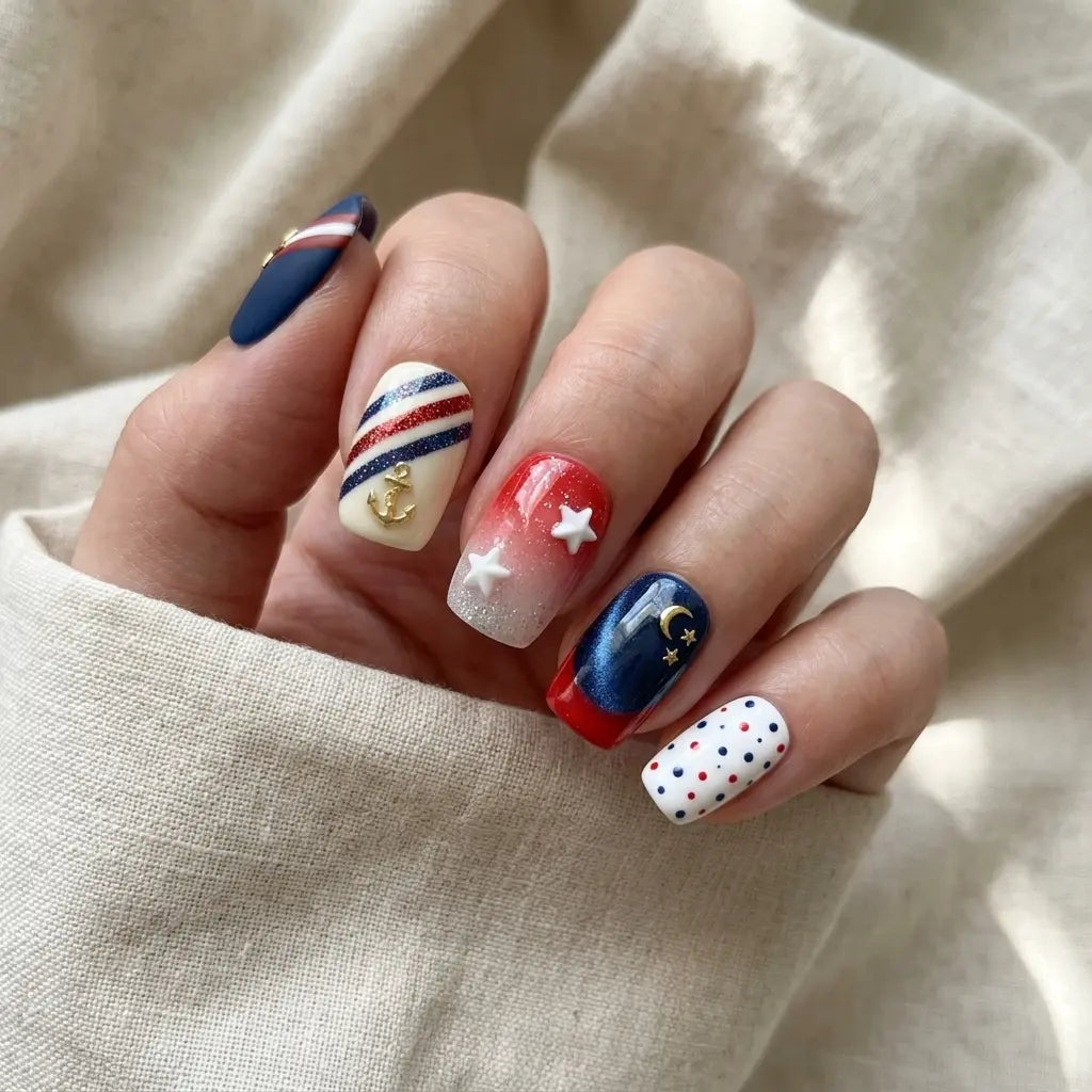 red white blue 3d cat eye 4th of july square short press on nails gold anchor moon mockup 01