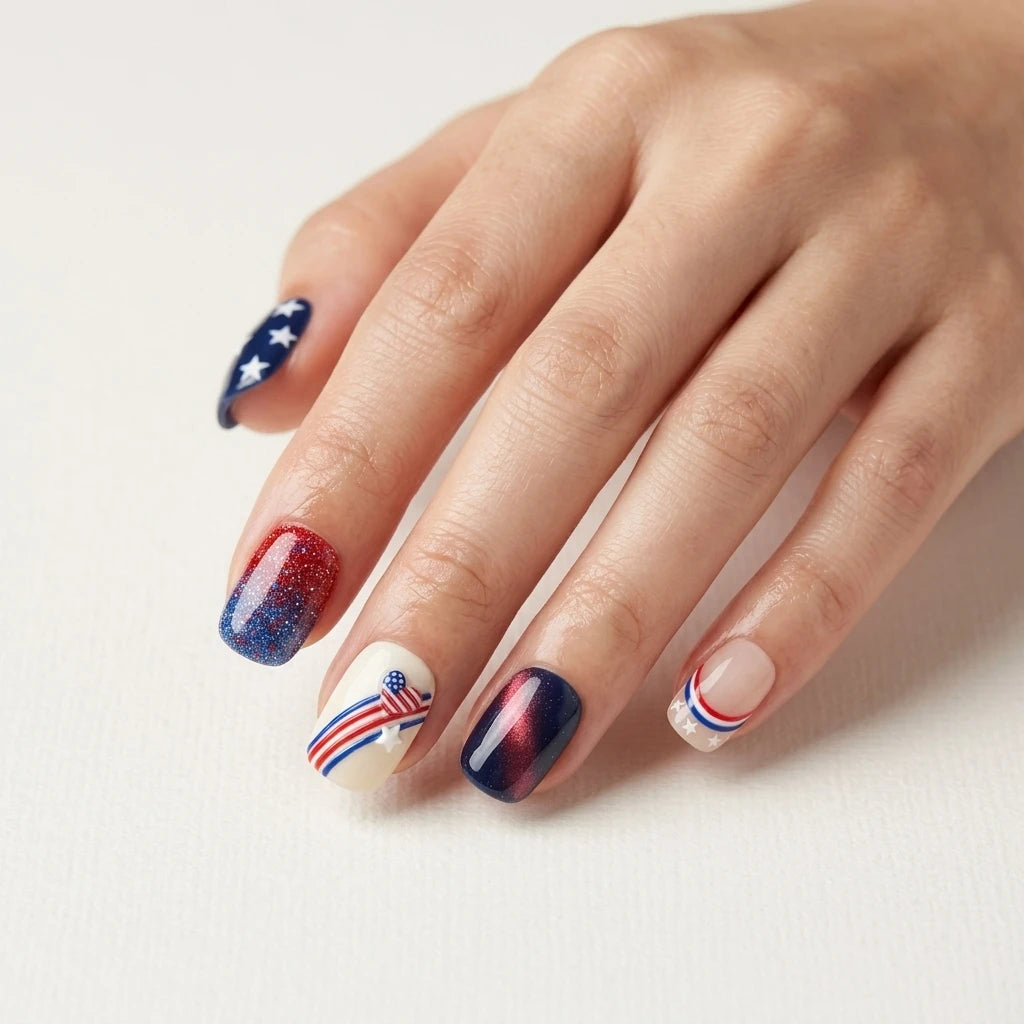 red white blue 3d cat eye 4th of july square short press on nails heart glitter flat lay 03