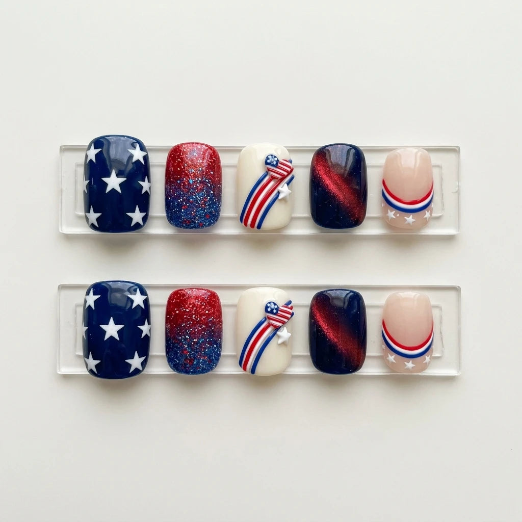 red white blue 3d cat eye 4th of july square short press on nails heart glitter lifestyle 02