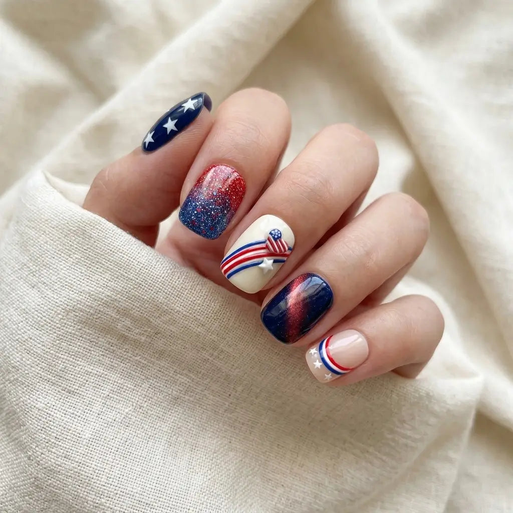 red white blue 3d cat eye 4th of july square short press on nails heart glitter mockup 01