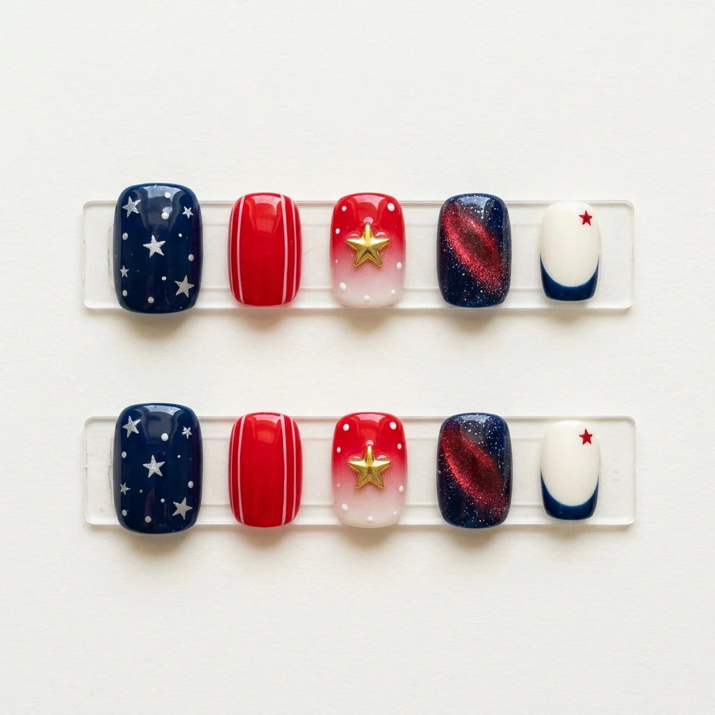 red white blue 3d cat eye 4th of july square short press on nails star stripe glitter flat lay 03