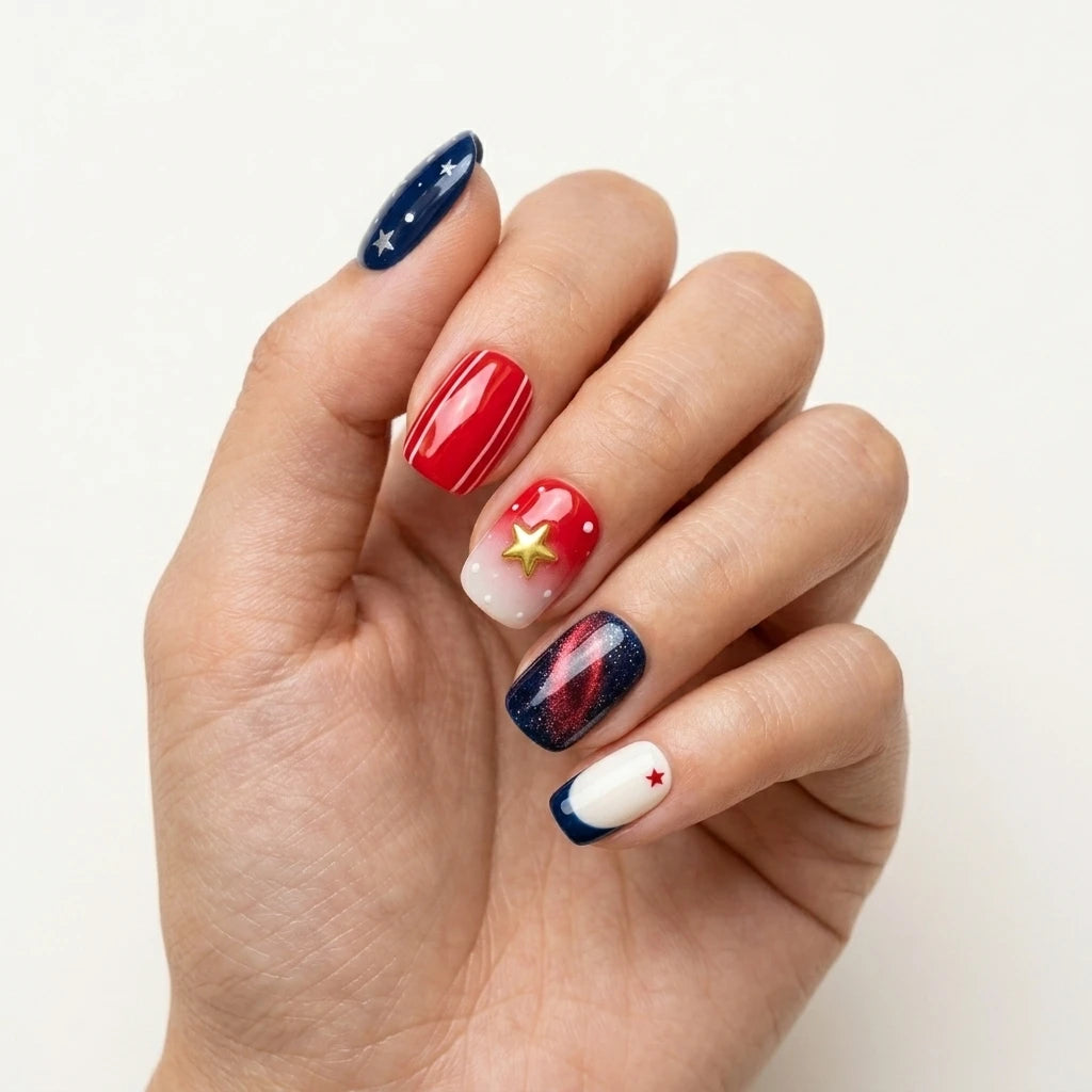 red white blue 3d cat eye 4th of july square short press on nails star stripe glitter lifestyle 02