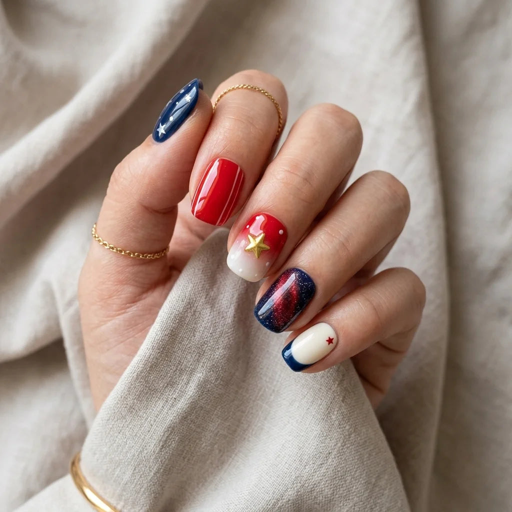 red white blue 3d cat eye 4th of july square short press on nails star stripe glitter mockup 01