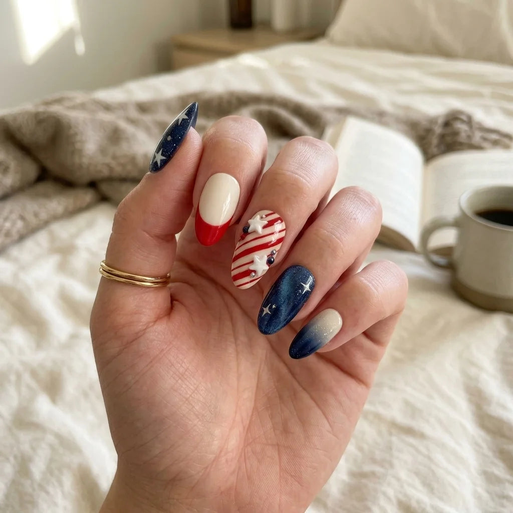 red white blue 3d ombre 4th of july almond press on nails glitter dust white star flat lay 03