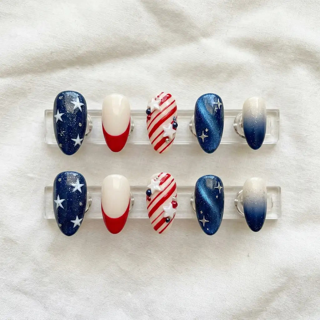 red white blue 3d ombre 4th of july almond press on nails glitter dust white star lifestyle 02