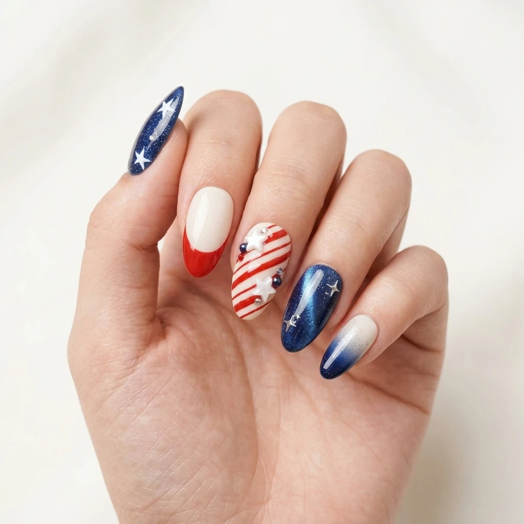 red white blue 3d ombre 4th of july almond press on nails glitter dust white star mockup 01