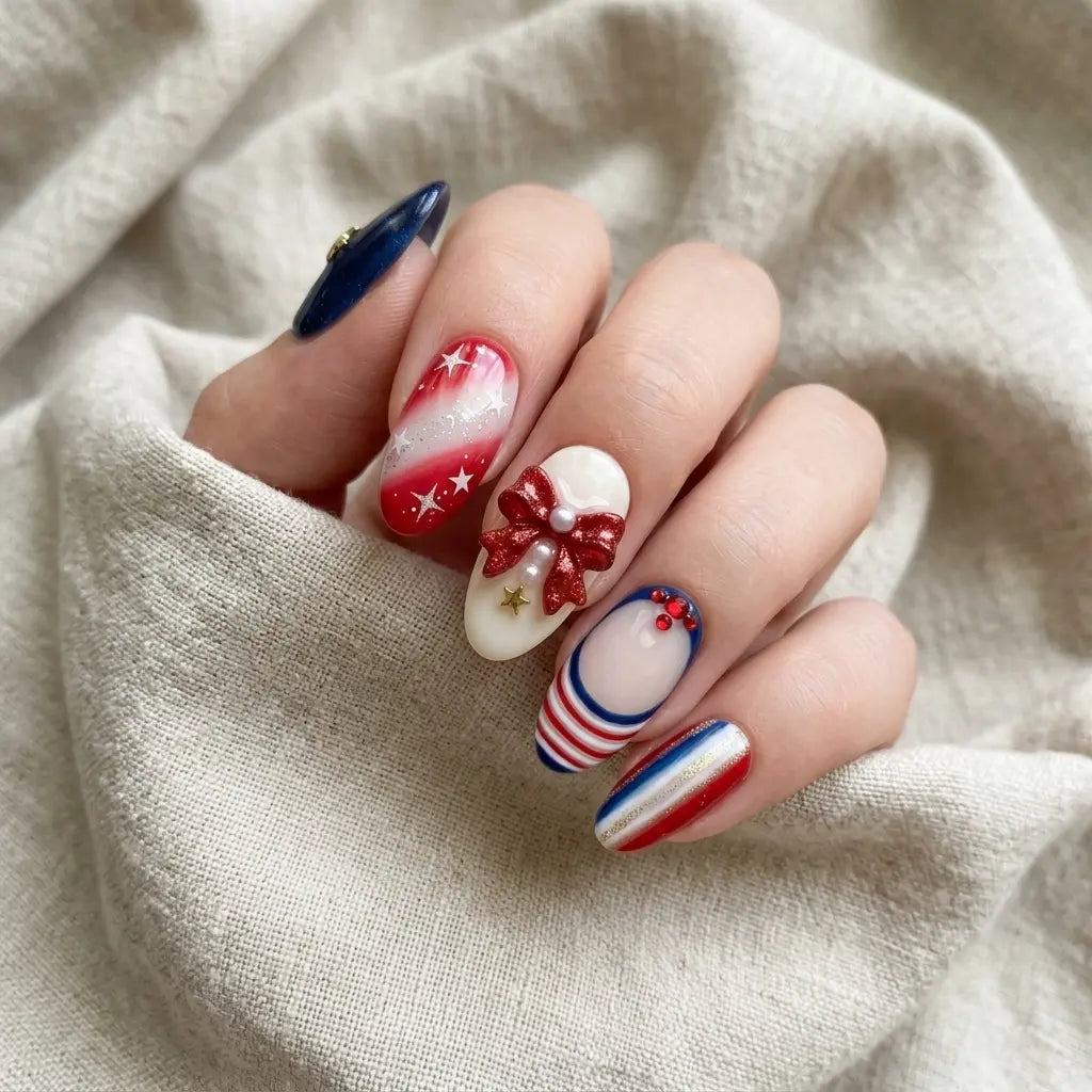 red white blue 3d ombre 4th of july almond press on nails red ribbon bow glitter lifestyle 02