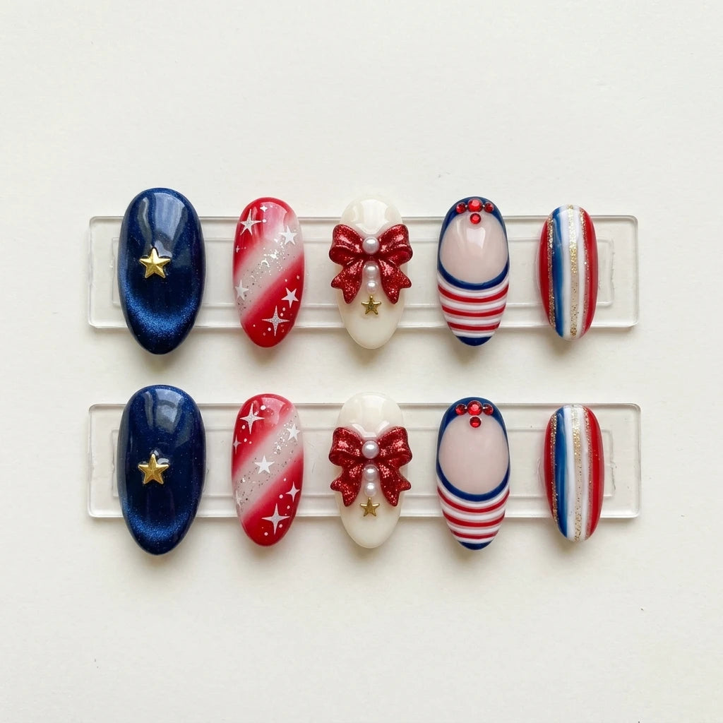red white blue 3d ombre 4th of july almond press on nails red ribbon bow glitter lifestyle 03