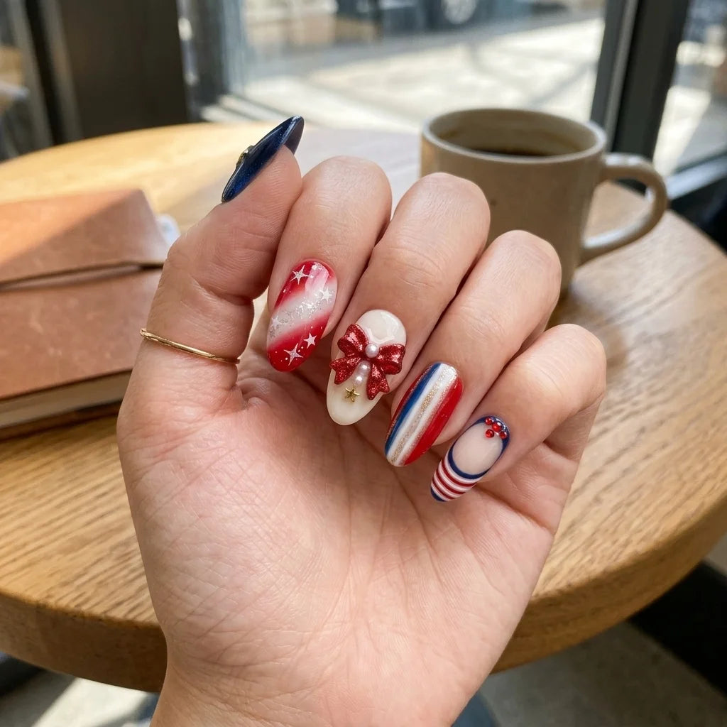red white blue 3d ombre 4th of july almond press on nails red ribbon bow glitter mockup 01