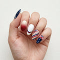 red white blue 3d ombre 4th of july almond press on nails red ribbon star stripe flat lay 03