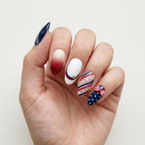 red white blue 3d ombre 4th of july almond press on nails red ribbon star stripe flat lay 03