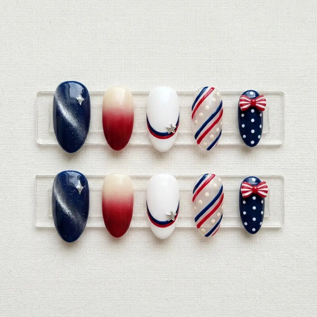 red white blue 3d ombre 4th of july almond press on nails red ribbon star stripe lifestyle 02